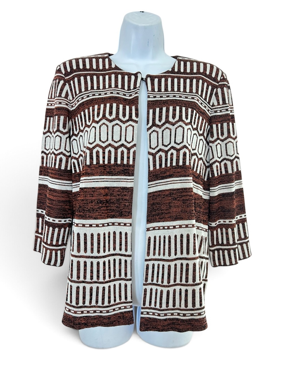 Misook Womens Geometric Brown & Cream Knit Cardigan Jacket Size M Classic Career